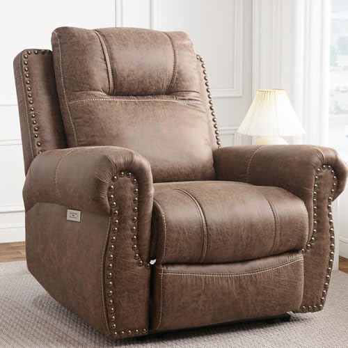 ANJ Electric Power Recliner Chair with USB Ports, Breathable Faux Leather Oversized Recliner with Comfortable Arms, Back and Headrest, Single Sofa for Living Room, Nut Brown