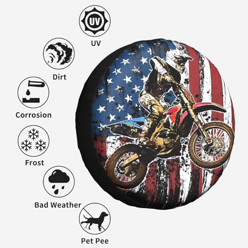 Image of Dirt Bike Racing Motocross Race American Flag Spare Tire Cover Weatherproof Wheel Protectors Dust-Proof Sun Protection Wheel Tire Covers Universal Fit for Truck SUV RV Camper Trailer 14 inch