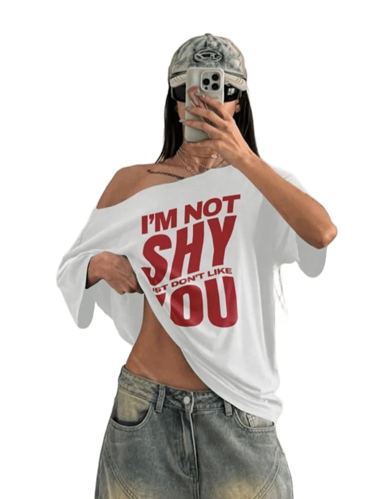 sxv style i am not Shy i just Dont Like You Women Oversized Loose Slogan T-Shirt, Shoulder Cutout-picture-30