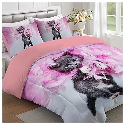 Yasida Cat Comforter Twin, Cat Bedding Set Twin Size for Kids, Cat Comforter Set for Girls and Boys, Pink Feathers Black Cat 3Pcs(1Comforter+ 2 Pillowcases) Lovely Animal Pets Duvet Set