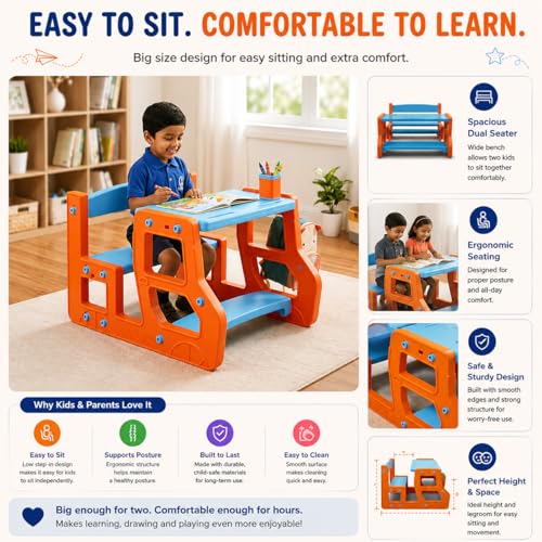 Image of eHomeKart Kids Double Seater Study Table & Bench Set of 2 | 90x75x58 cm | Set of Two School Senior with Backpack Storage | Children Activity Desk Chair for Boys & Girls | Age 3-10 Years (Two Bench)