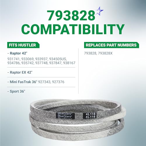 Image of BlueStars 793828 793828X Deck Belt | Aramid Cord Belt | 1 /2 inch x 116 inch | Deck Belt for 42-inch Hustler Raptor 931741 933069 933937 934505US Mini FasTrak 927343 927376 Sport Mower