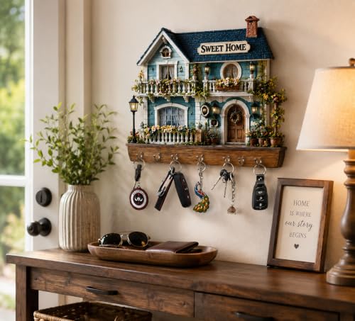 Image of Sweet Home Key Holder for Wall with 6 Hooks | Wooden House Shape Key Stand | Decorative Wall Mounted Key Hanger for Home Entrance, Living Room, Office & Gifts (25 x 25 cm)