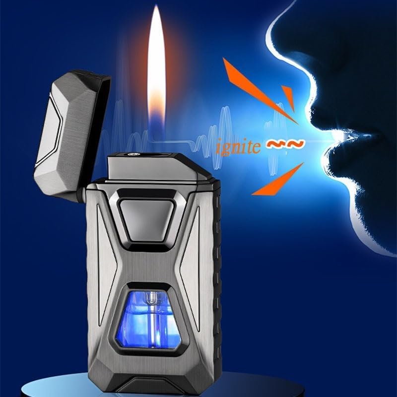 Voice Activated Windproof Dual Flame Lighter, USB Rechargeable Arc Lighter,Jet Flame and Soft Flame, Visible Transparent Window, Refillable Butane Lighter, Cool Lighters Gift for Men(Green)