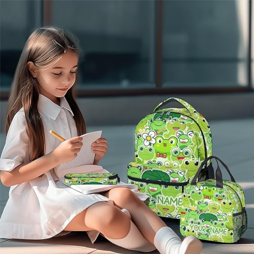 Custom Frog Girls Backpack with Lunch Box Set, 3 in 1 School Backpacks Matching Combo, Cute Green Bookbag and Pencil Case Bundle2