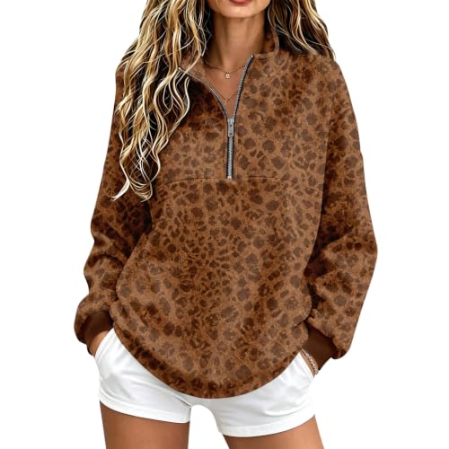 3/4 Zip Pullover Womens Leopard Print Mockneck Fleece Oversized Sweatshirt - image 2