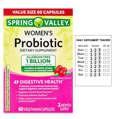 Spring Valley Womens Probiotic Dietary Supplement Vegetarian Capsules for Digestive Health Cranberry 60 Count Value Size + Daily Supplement Tracker Sticker