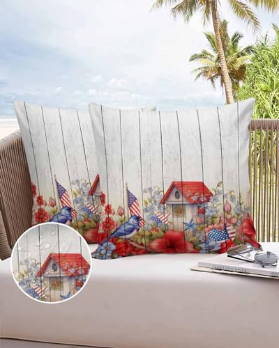 Boanket Outdoor Pillow Covers 20 x 20 in, 4th of July Waterproof Throw Pillow Cover Set of 2, Farmhouse Birds Botanical Independence Day Home Decorative Square Cushion Covers for Patio/Couch/Garden