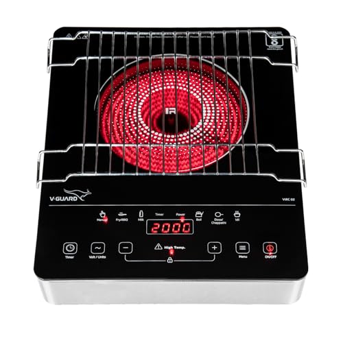 Image of V-Guard VIRC 02 2000 W Electric Infrared Induction Cooktop | Compatible with All Utensils | Touch Panel Control | Stainless Steel Body | Free BBQ Grill | 1 Year Coverage