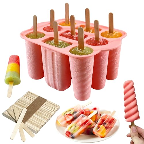 9 Cavity Popsicle Mould with 50pcs Wooden Sticks, Silicone Ice Lolly Moulds, Ice Pop Molds Homemade Popsicle Ice Pop Maker BPA Free Ice Cream Moulds for Kids Summer DIY Home Kitchen Tools (Pink)