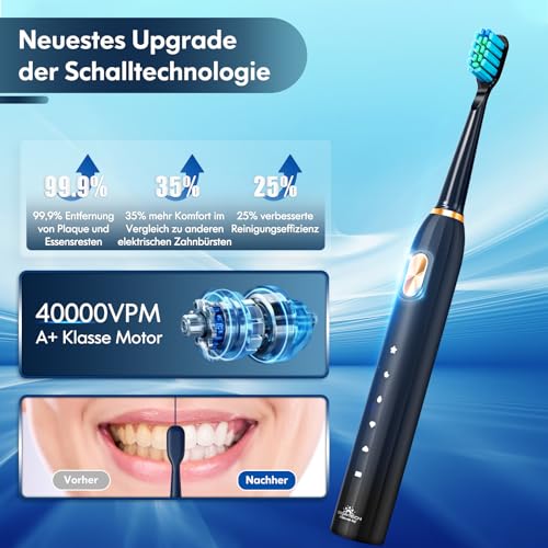 Ultraschall Zahnbürsten Ultraschallzahnbürste Elektrische Zahnbürste Schallzahnbürste für Erwachsene und Kinder mit 5 Putzmodi Integrierter Timer und 9 Zahnbürstenköpfen (Schwarz) – Bild 3
