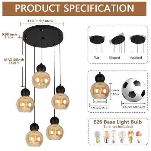 Image of 5-Light Black Cluster Pendant with Globe Amber Glass, Adjustable | Hardwired, Modern Style, for Staircase, Kitchen Island, Dining Room, Entryway