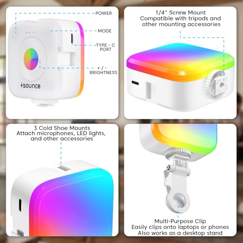 Image of Sounce RGB LED Video Light with Built-in Battery, 360 HSI Color, 3000K-6000K Adjustable Temperature, 8 Brightness Levels, 9 FX Modes, Type-C Charging, Portable Light for Photography, Video & Vlogging
