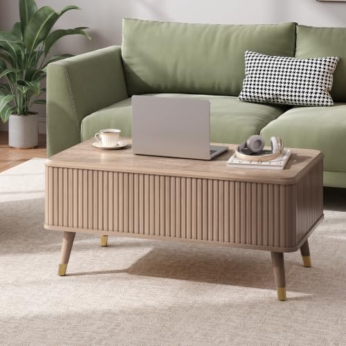 Image of JOINICE 38 inch Lift Top Coffee Table with Storage for Living Room,Oak | Large Hidden Storage,Natural Boho Style,Fluted Rectangle Center Table with Wooden Legs,Lifts to 23 inch,Holds 88lbs,Easy Assembly