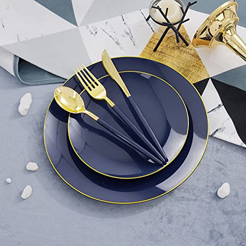 Liacere 150Pcs Blue Plastic Plates - Gold Plastic Silverware With Blue Handle - Navy Disposable Plates Include 30 Guests Plates, Forks, Spoons, Knives For Wedding & Party #TOP3