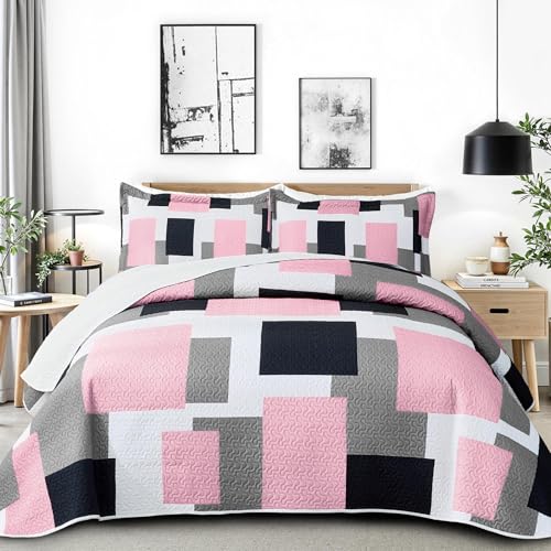 Image of Tyrot 3 Piece Pink Gray Quilt California King Size Black White Bedding Set | Lightweight Bedspread, Geometric Coverlet with 2 Sham, Modern Abstract Soft Microfiber, Bed Cover for All Season, 118''x106''