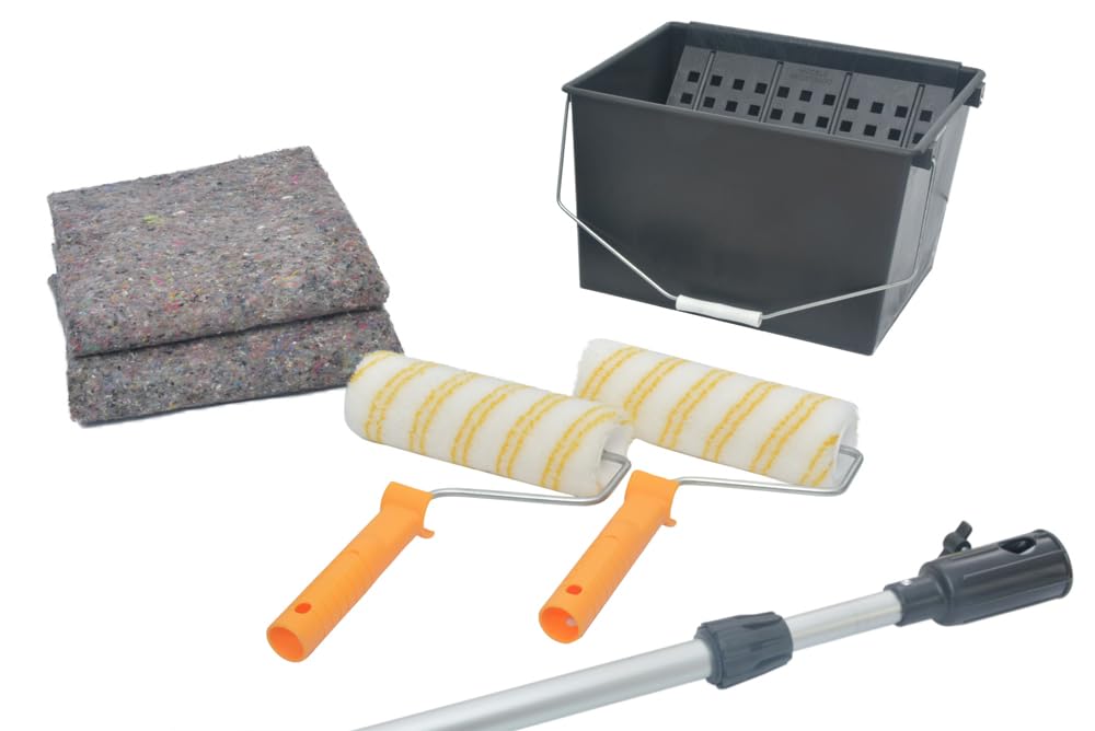 Kit Twin para Pintar Paredes Lisas y Techos | Cubeta 16 Litros con Rejilla, Rodillos Poliamida, Fieltro Protección Suelo, Alargo Aluminio Extensible