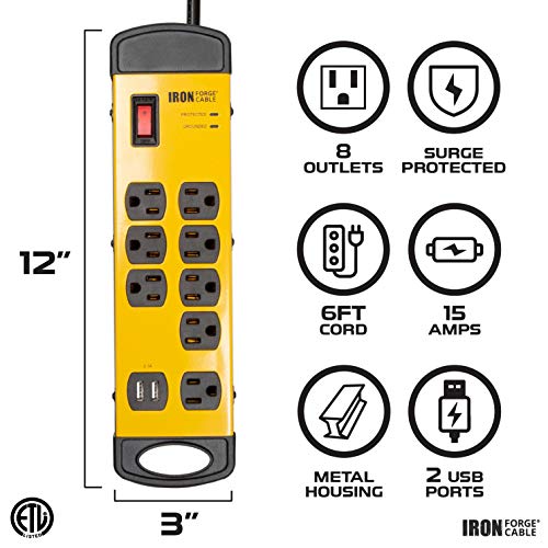 Iron Forge Cable 8 Outlet Heavy Duty Surge Protector Power Strip with Built-in Circuit Breaker, 14/3 SJT Black & Yellow with 6 ft Extension Cord - Thumbnail 2