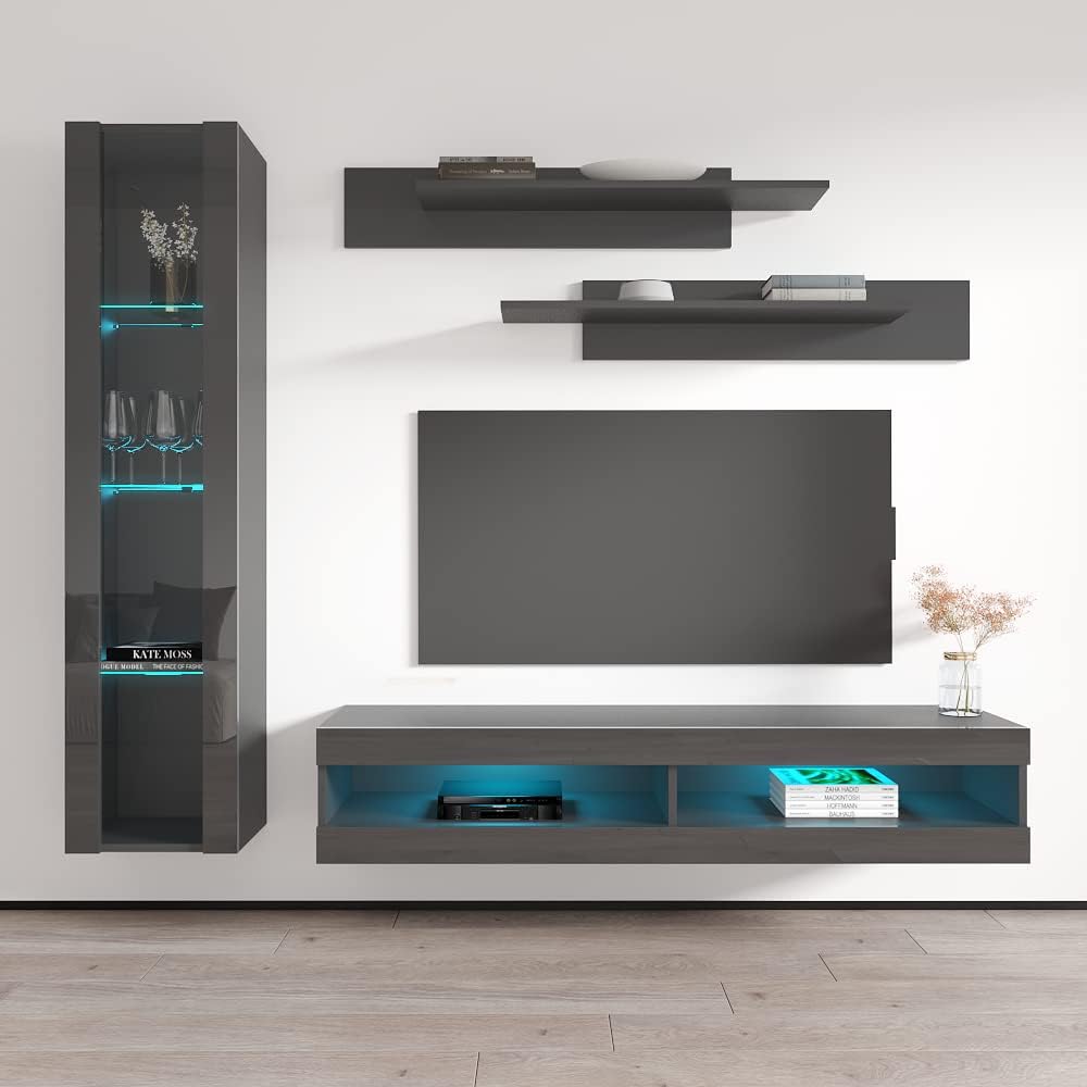 Meble Furniture Fly G3 34TV Stand Wall-Mounted Entertainment Center — Floating Media Console with Storage Shelves and LED Lights — Modern High Gloss, 59.1 x 15.7 x 13.8 in — Grey