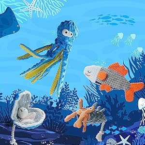Nocciola 4 PCS Crinkle Squeaky Dog Toys | Blue Octopus Dog Toy | Ocean Theme Stuffed Dog Toys, Interactive Rope Dog Toys for Small, Medium & Large Dogs, Durable Dog Toys for Aggressive Chewers Nocciola 4 PCS Crinkle Squeaky Dog Toys | Blue Octopus Dog Toy | Ocean Theme Stuffed Dog Toys, Interactive Rope Dog Toys for Small, Medium & Large Dogs, Durable Dog Toys for Aggressive Chewers