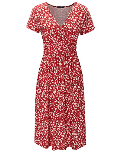 Image of OUGES Casual Summer Dress for Women Wrap V Neck A Line Midi Dresses with Pockets