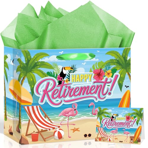 Hawaiian Retirement Gift Bag with Tissue Paper Card, Tropical Aloha Happy Retirement Wrapping Paper Bag Beach Themed Flamingo Retired Gifts for Men Women Coworker Farewell Going Away Party Favors
