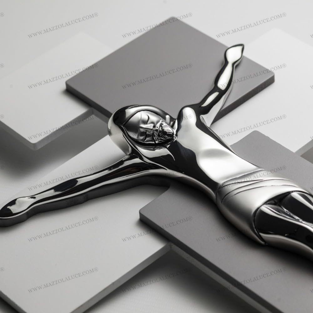 Crocefisso Moderno Da Parete - 42x30cm, Cristo Argento, Legno Bianco/Grigio - Foto 8