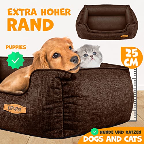 Lovpet® Hundebett Hundekissen Hundekorb Chiller, Inkl. Napf + 3X Kauknochen, Hundesofa Kissen für Kleine, Mittelgroße & Große Hunde, Bezug abnehmbar und waschbar, L 90 x 75 x 25 cm Braun
