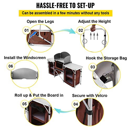 Happybuy Camping Kitchen Table, 3 Storage Organizer, Aluminum Windscreen Outdoor Folding Grill Station With 2 Side Tables, Camping Supplies And Accessories For Bbq Picnic Fishing Party Use, Brown #TOP3