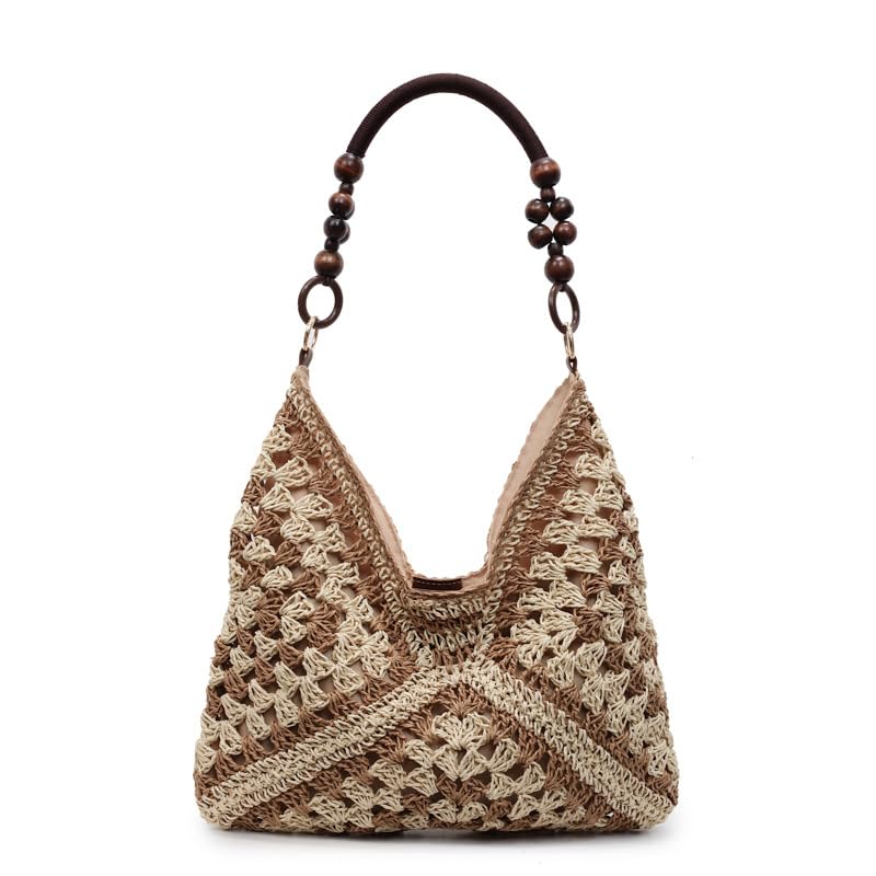 Bolso Tote Tejido para Mujer, Bohemio, Grande, Marrón y Beige miniatura 1