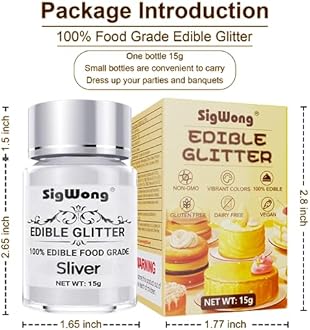 Silver Edible Glitter - 15g Food Grade Luster Dust Powder, Cake Decorating Sprinkle Glimmery Dust for Drinks, Wine, Fondant, Chocolate, Candy, Cookie, Vegan
