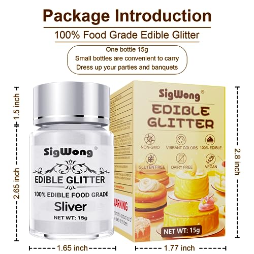 Silver Edible Glitter - 15g Food Grade Luster Dust Powder, Cake Decorating Sprinkle Glimmery Dust for Drinks, Wine, Fondant, Chocolate, Candy, Cookie, Vegan