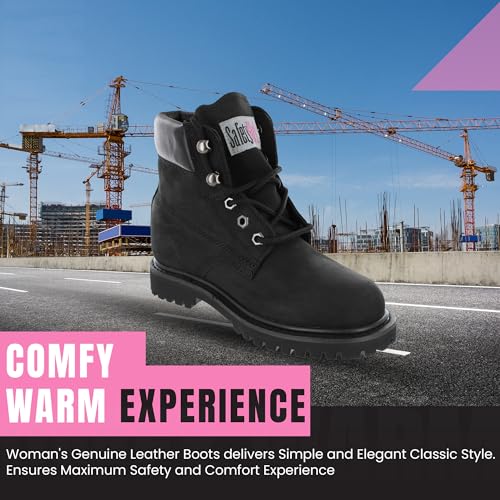 Women’s Work Boots | Waterproof Leather Work Boots for Women | Oil & Slip-Resistant Soft Toe Boots for Women | Premium Nubuck Leather | Lightweight and Comfortable | Black Leather - 5M4