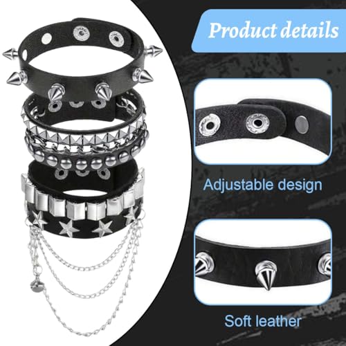 JYNXOR 3 Pcs Pulseras Cuero Negro Punk Rock, Pulsera Gotico De Los Años 80, Vintage Para Hombre y Mujere, Accesorios Steampunk, Accesorios Mujer, Pulsera Ajustable Para Halloween Carnaval Fiesta - imagen 2