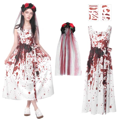 Robe Mariée Halloween, Deguisement Mariée avec Voile et Autocollants Robe Médiévale Femme pour Carnaval Mascarade (XL)