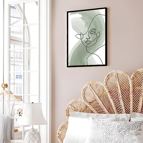 Image of Ritwika's Abstract Wall Art Of Outline Of Women Portrait Water Color Painting With Frame For Home Office Decor | Green And Black | Size 9.5 x 13.5 Inch, Set of 1 (01 - WOMEN)