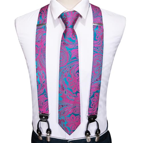 Image of Barry.Wang Men Suspender Set with Necktie Elastic Y Type Heavy Duty 6 Clips Braces Tie Handkerchief Cufflink Pin 6PCS