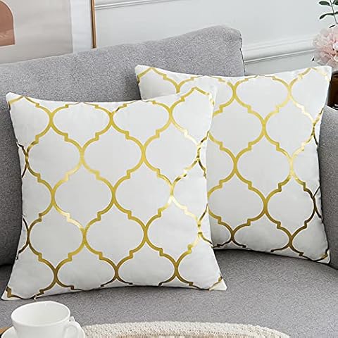 Pack of 2 Cozy Throw Cushion Covers 40*40cm Moroccan Decorative Square Throw Pillow Cases Velvet Gold Foil Quatrefoil Lattice Cushion Cover 16 x 16 Inch for Farmhouse Home Office Car,Cream White Cover