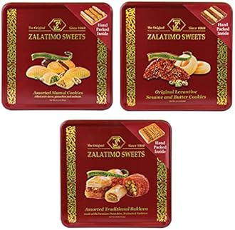 Zalatimo Sweets Since 1860 Shortbread Cookies Variety Pack, 100% All Natural Slightly Sweet, Square Metal Gift Tin, No Corn Starch, No Syrups! Assorted Baklava, Mamoul, Sesame & Butter (Pack of 3)