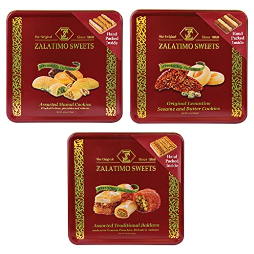 Zalatimo Sweets Since 1860 Shortbread Cookies Variety Pack, 100% All Natural Slightly Sweet, Square Metal Gift Tin, No Corn Starch, No Syrups! Assorted Baklava, Mamoul, Sesame & Butter (Pack of 3)