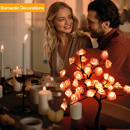 Pink Rose Lamp Tabletop Tree, Christmas Rose Tree With Lights For Table Decor, Gifts For Mom Girls Wife Women Mothers Day Decorations Led Tree With Pink Rose Flower For Wedding Bedroom Party-Pink #TOP3