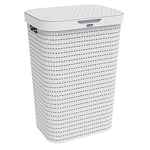 Rotho Wäschesammler 55l mit Deckel in Rattan-Optik, 1 Stück, Weiss