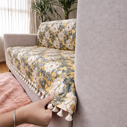 Image of Homerz Premium Printed Quilted Velvet Sofa Slip Cover Protector with Tassels, Sofa Mat, Exact Size, Antislip Cover (Antique Garden, 2 Seater, Full)