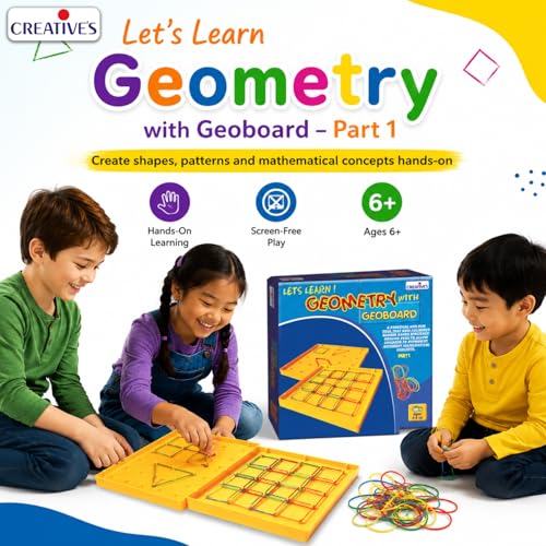 Image of Creative's Educational Geometry with Geoboard |Games and Activity Guide | Easy & Fun Way of Learning Geometry Shape | for Kids Ages -6 Years and Up (20 Rubber Bands)