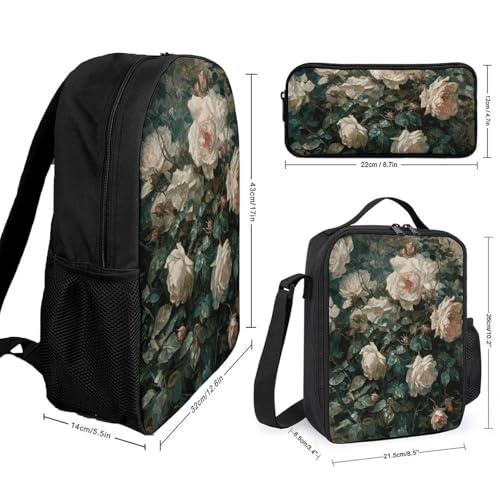 Roses Print Backpack Set Lightweight Bag Lunch Box Pencil Bags for Women Men Bookbags 3 in 12
