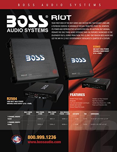 Boss Audio Systems R3002 Riot Series Car Audio Amplifier - 600 High Output, 2 Channel, 2/8 Ohm, High/Low Level Inputs, High/Low Pass Crossover, Full Range, Hook Up To Stereo And Subwoofer, Class Ab #TOP7