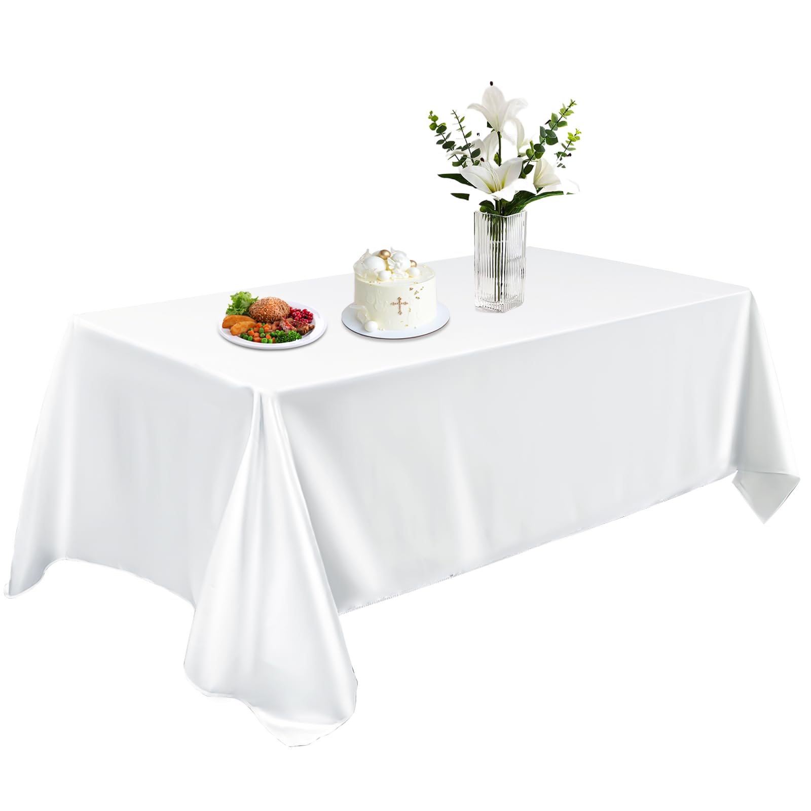 Photo 1 of *2 PACK* Satin Table Cloth 58x102 Inch, Washable Rectangle Shiny Tablecloth, Smooth Fabric Tablecover Bright Silk Desk Decoration for Dining Kitchen, Party, Wedding, Banquet, White