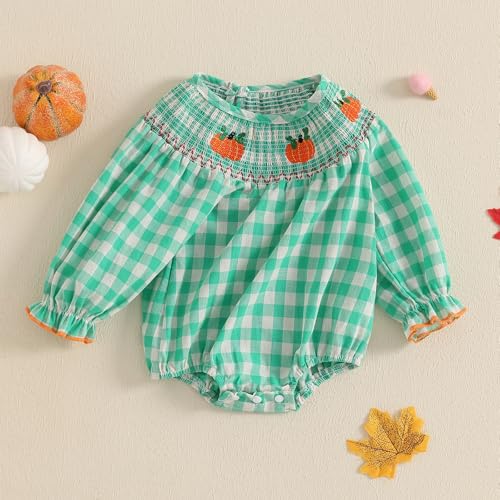 Toddler Baby Girl Halloween Romper Plaid Pumpkin Embroidery Long Puff Sleeve Smocked Romper Cotton Linen Bodysuit2