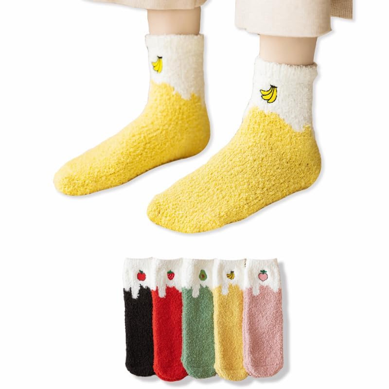 Image of RosyClouds Womens Fuzzy Socks, Cute Fruits Print Crew Socks Soft Warm Winter Cozy Socks for Indoor & Outdoor, 5 Pairs