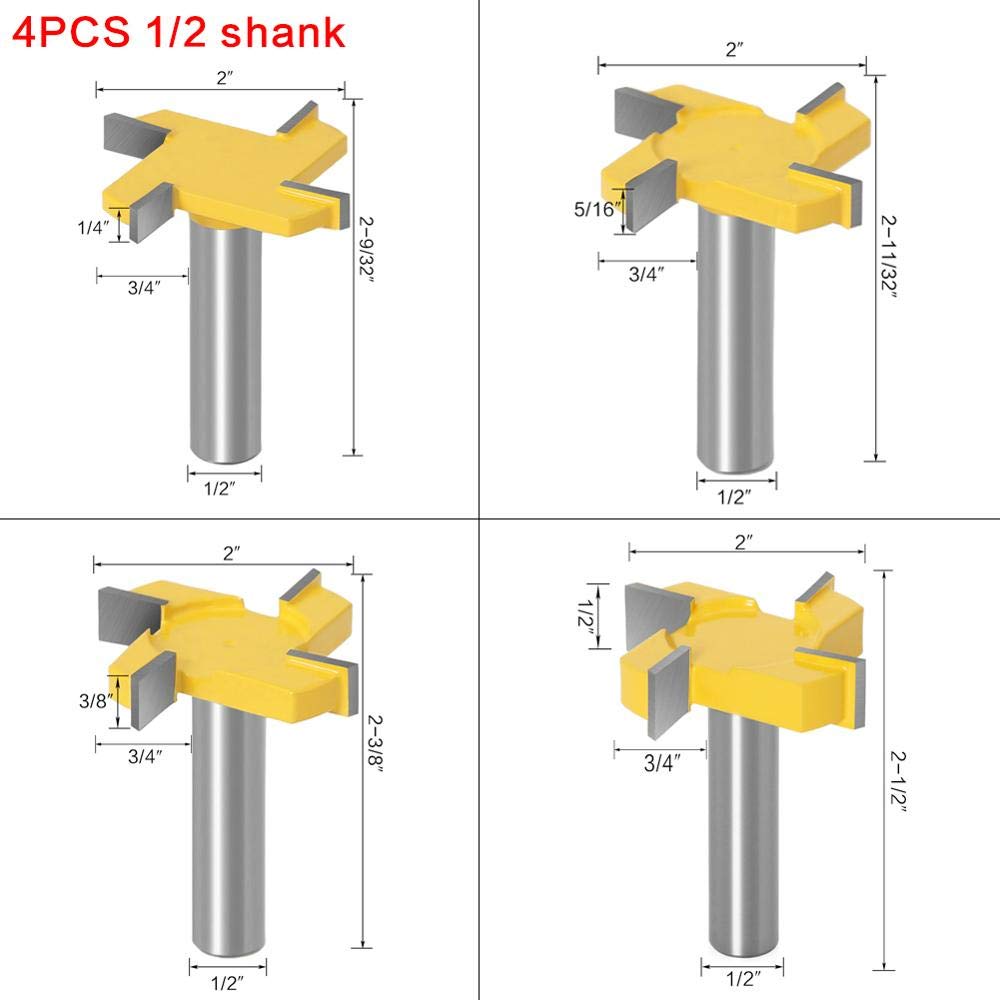 1-4 piezas 1/2 "12mm vástago 4 bordes tipo T cortador de ranurado herramienta de carpintería enrutador brocas for madera de grado Industrial fresa ranurado(4PCS 12.7mm shank)